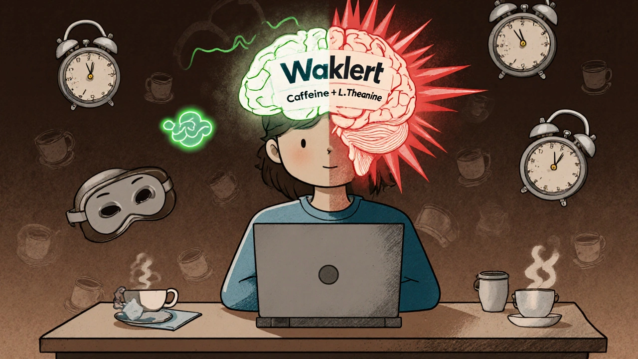 Person at desk with glowing brain showing clear focus from Waklert versus foggy, jagged energy from caffeine.
