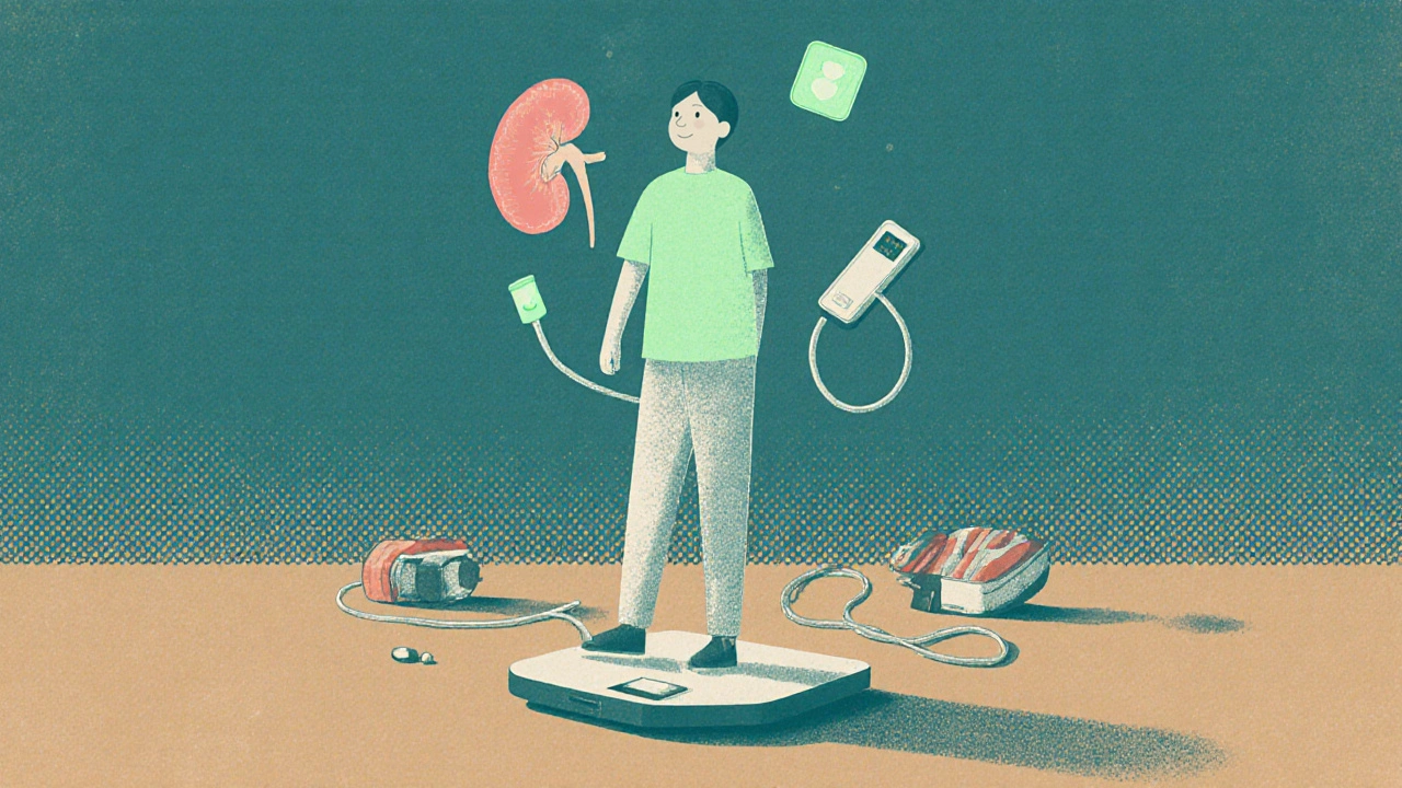 Person on scale with health icons above, discarded high-sodium foods fading behind.