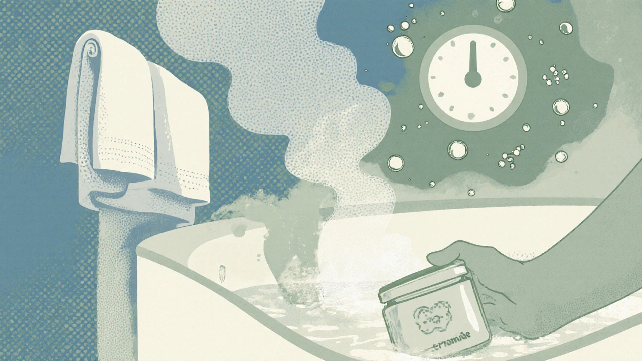 Person patting damp skin after a short bath, preparing to apply ceramide cream, screenprint aesthetic.