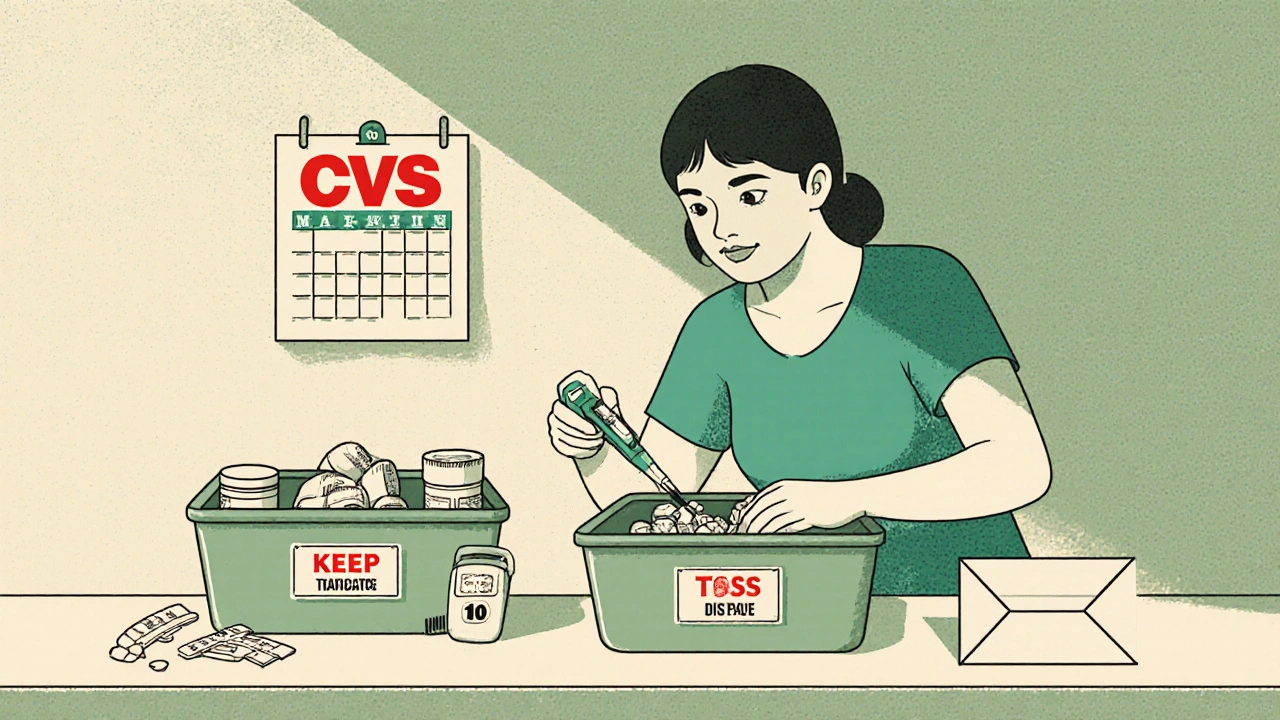 Person sorting medications on kitchen counter with labeled bins and calendar marked for spring and fall checks.