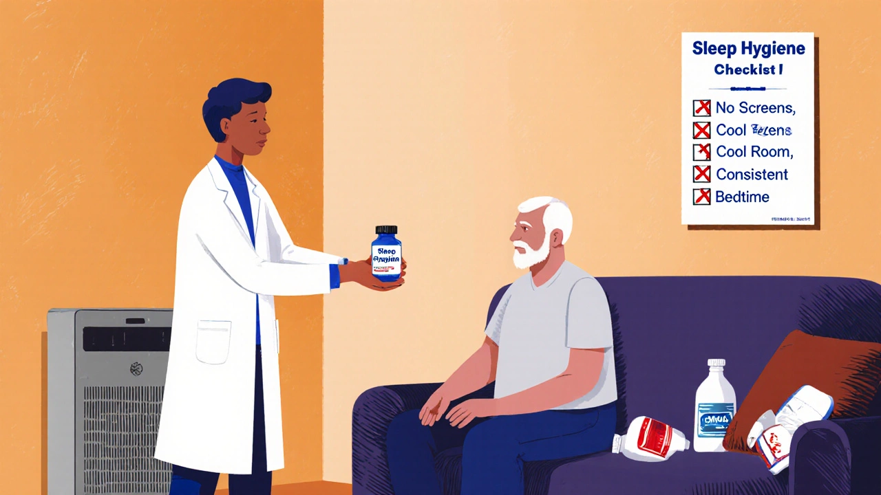Pharmacist giving a safer allergy medication to an older man, with sleep hygiene tips and HEPA filter in background.