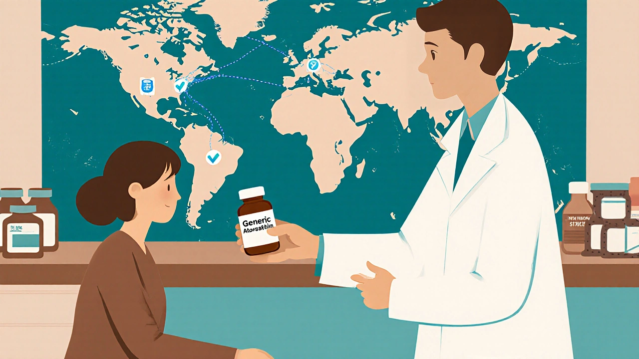Pharmacist handing a generic medication bottle to a customer, with global supply chain map in background.