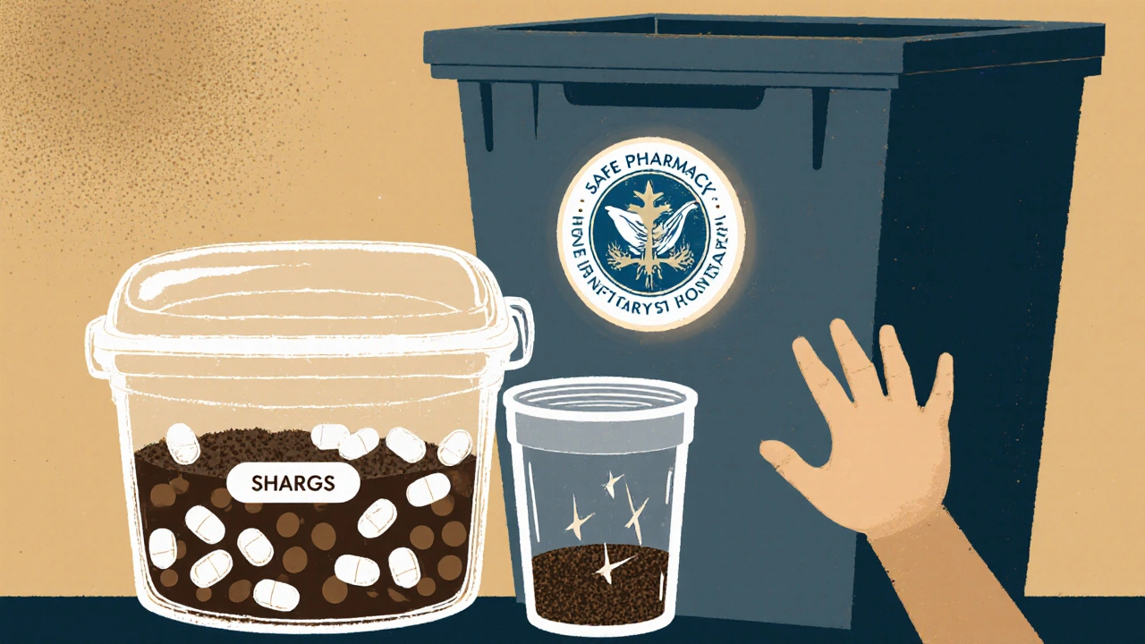 Safe disposal of expired pills mixed with coffee grounds beside sharps container and pharmacy drop-off bin.