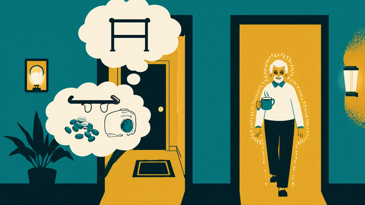 Senior walking safely through a home with grab bars, nightlights, and cleared walkways, symbolizing fall prevention.