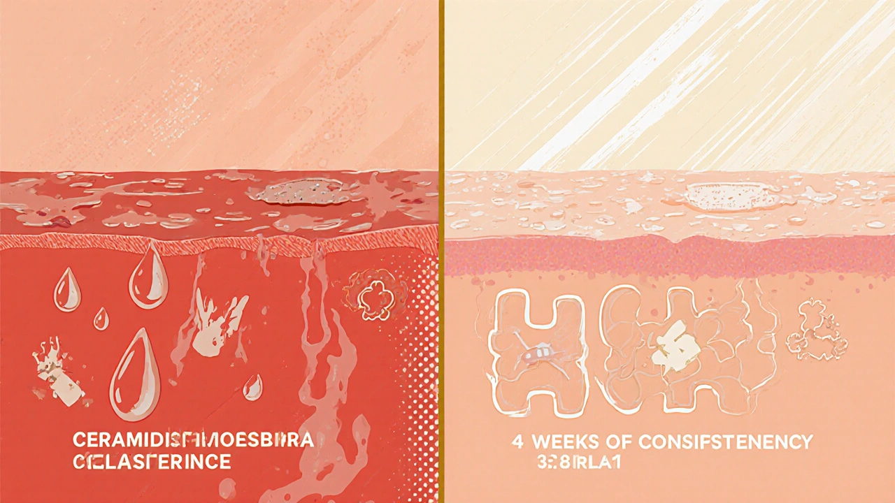 Side-by-side of damaged vs. repaired skin barrier with lipid molecules in perfect ratio, screenprint style.