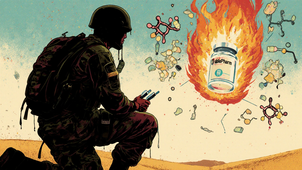 Soldier with insulin pens strapped to thighs under sandstorm, molecular decay diagram above, future stable vaccine glowing.