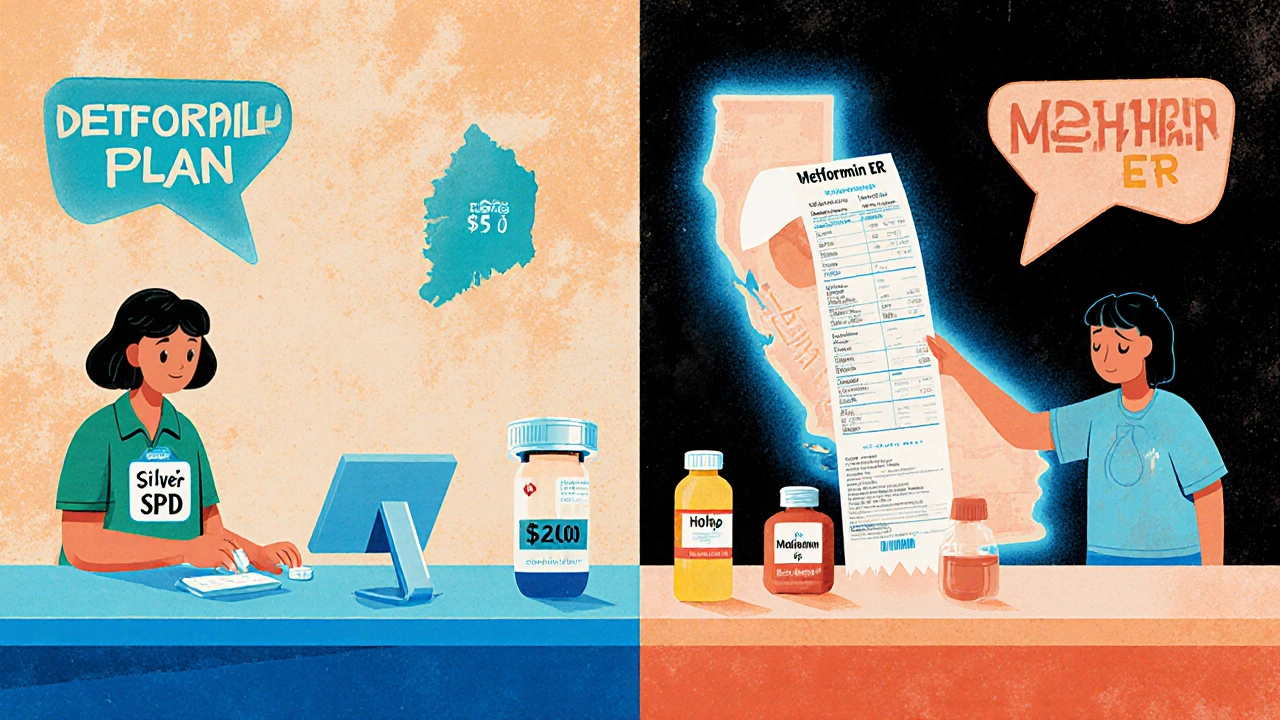 Split scene showing low-cost generic pill payment vs. high-deductible medical bill at pharmacy.