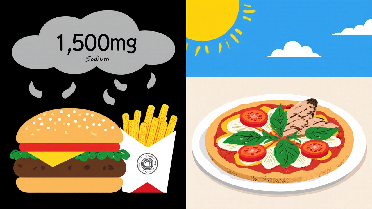 Split scene: unhealthy fast food vs. healthy homemade pizza and grilled chicken.