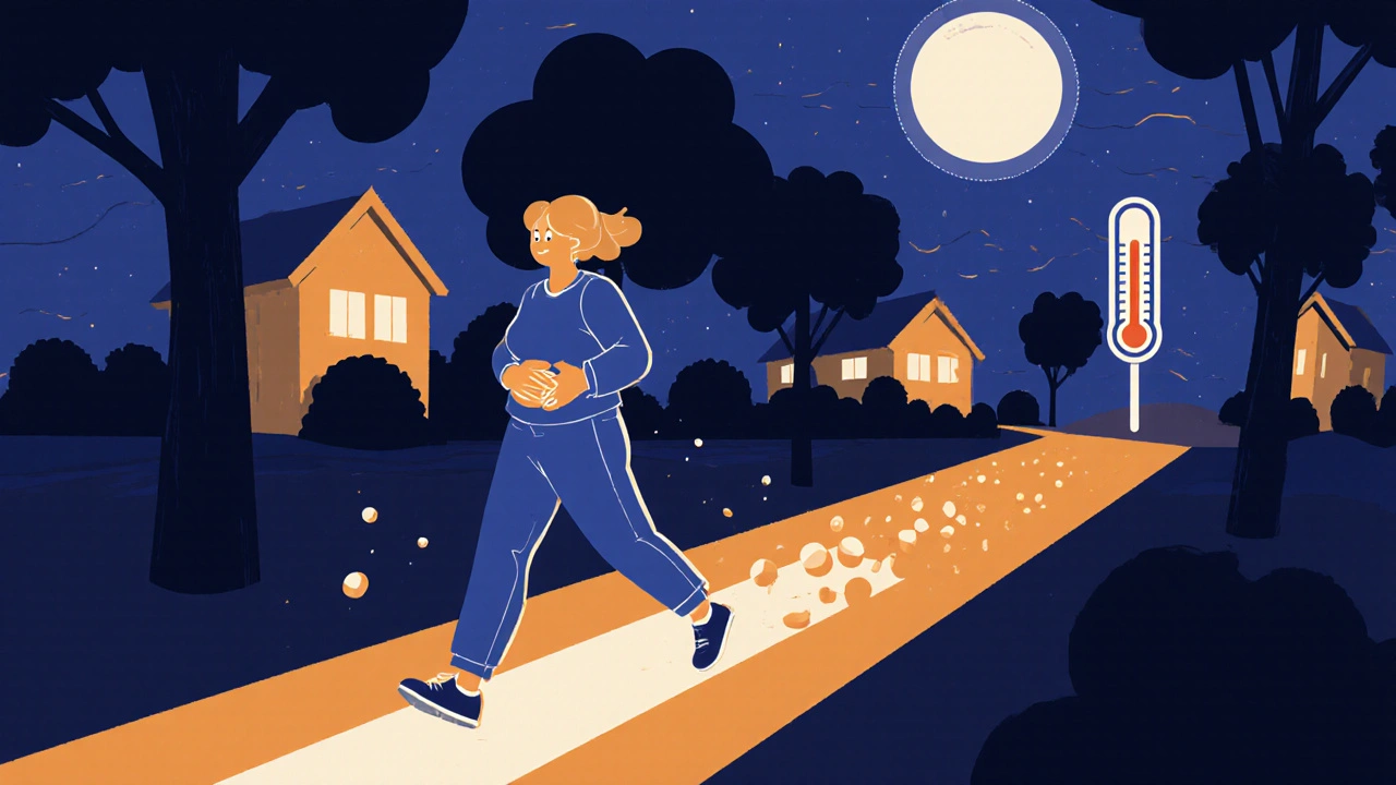 Woman walking at night, sugar levels dropping as she moves under moonlight.