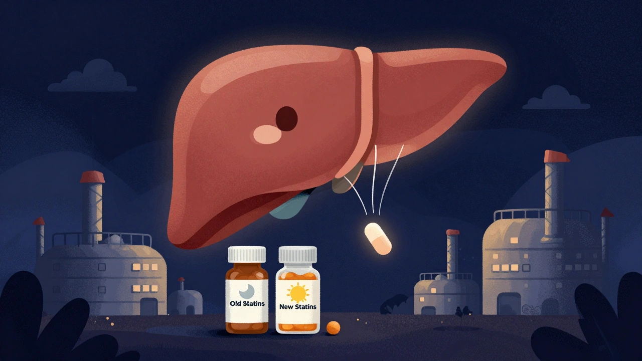 A cartoon liver at midnight with a pill descending like a parachute, beside old and new statin bottles with moon and sun icons.