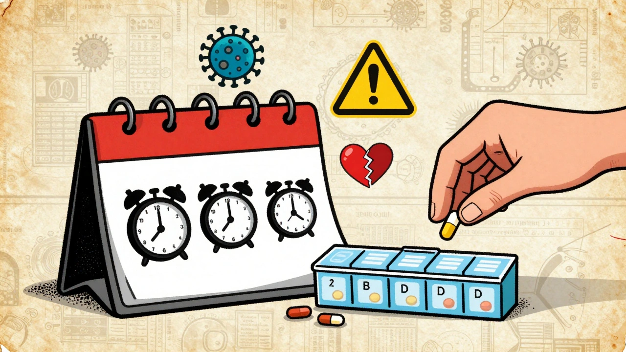 A daily medication routine shown with alarms, pill organizer, and warning symbols in screenprint aesthetic.