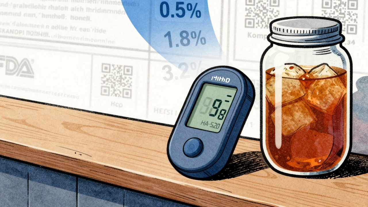 A digital alcoholmeter measures kombucha alcohol content with percentage overlays.