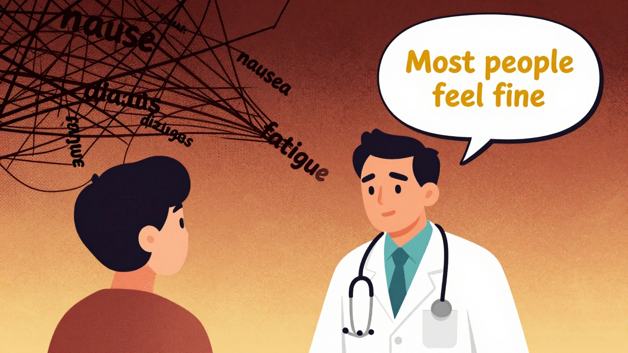 A doctor and patient in conversation, with positive words glowing while negative ones fade away.