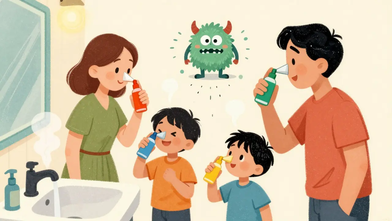 A family using nasal sprays together in a steamy bathroom as a cartoon inflammation monster fades away.
