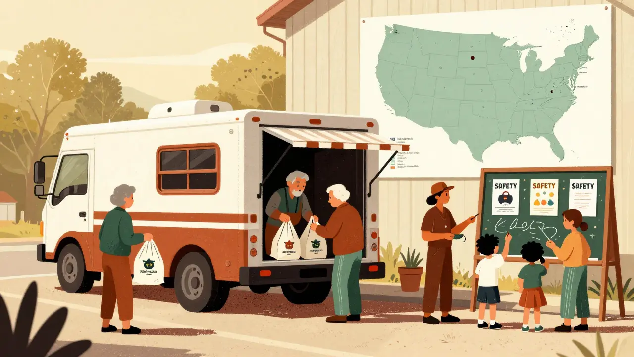 A mobile drug take-back truck serving a rural community with volunteers.