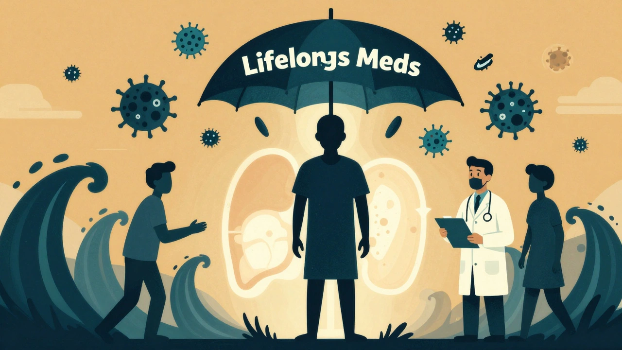 A patient protected by an umbrella labeled &#039;Lifelong Meds&#039; from medical threats, with supportive figures nearby.
