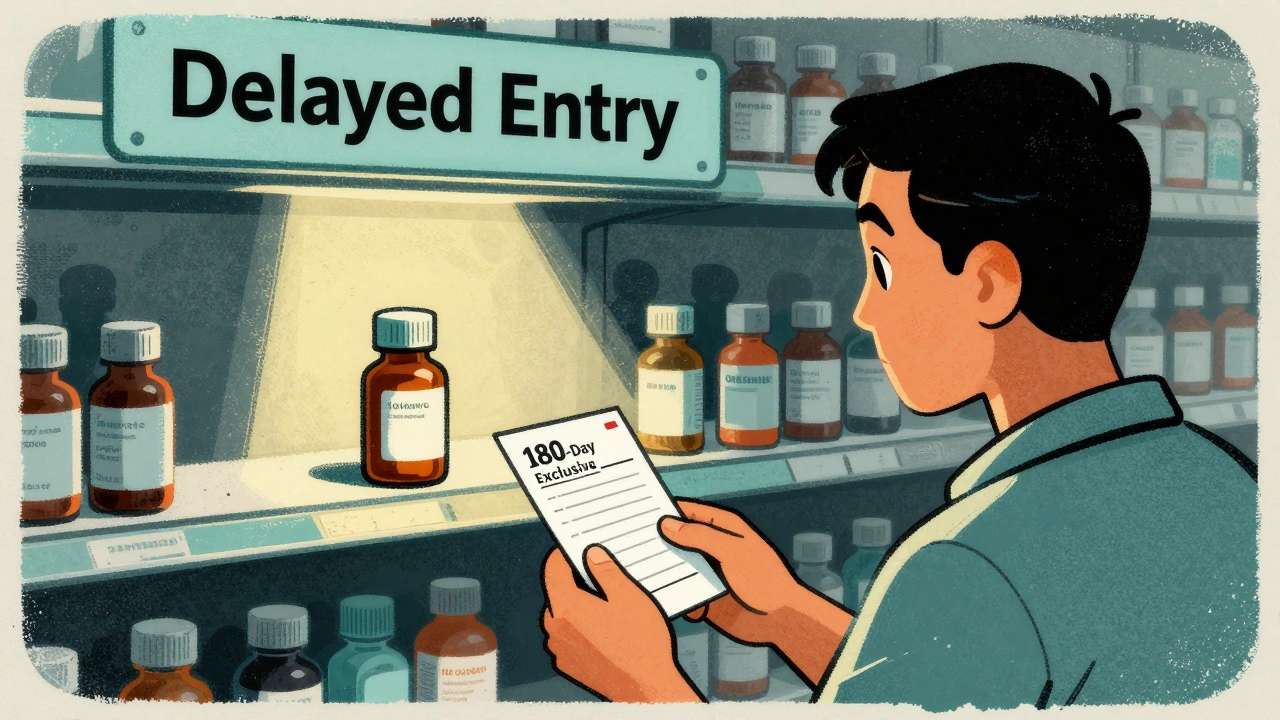 A patient sees one generic drug on a shelf under a spotlight, while many others remain hidden behind a wall labeled &#039;Delayed Entry&#039;.
