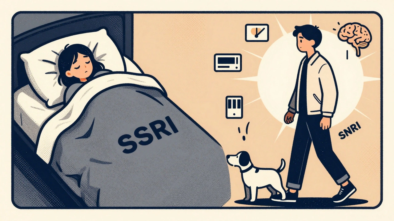 A person transitioning from lying in bed under heavy blankets to walking in sunlight, symbolizing SNRI effectiveness.