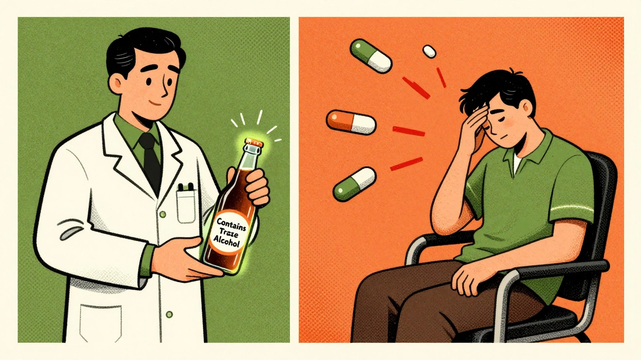 A pharmacist gives kombucha to a patient while medication warnings float around them.