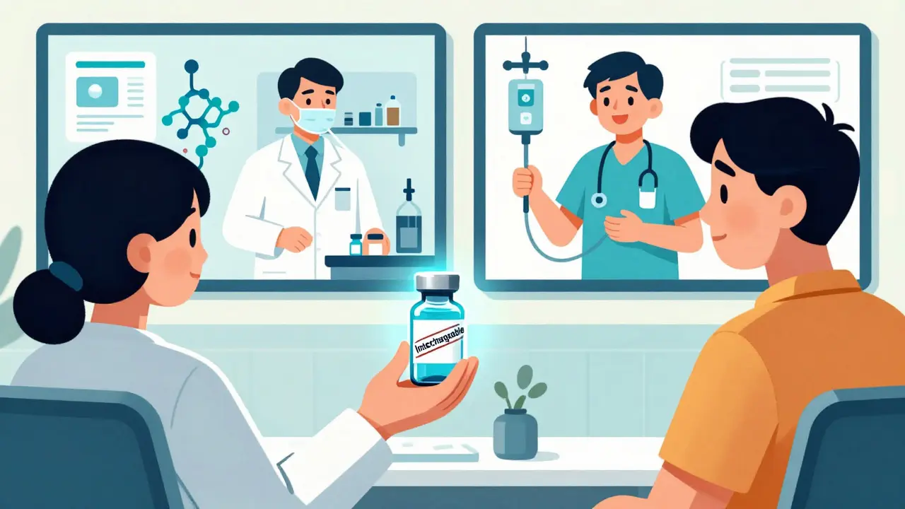 A pharmacist giving a biosimilar vial to a patient, with clinical trial scenes in the background and an 'Interchangeable' stamp visible.