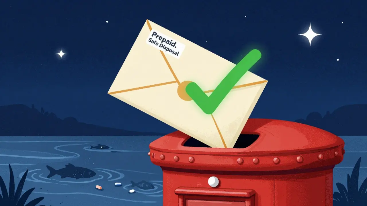 A prepaid mail-back envelope being posted to safely dispose of drugs.