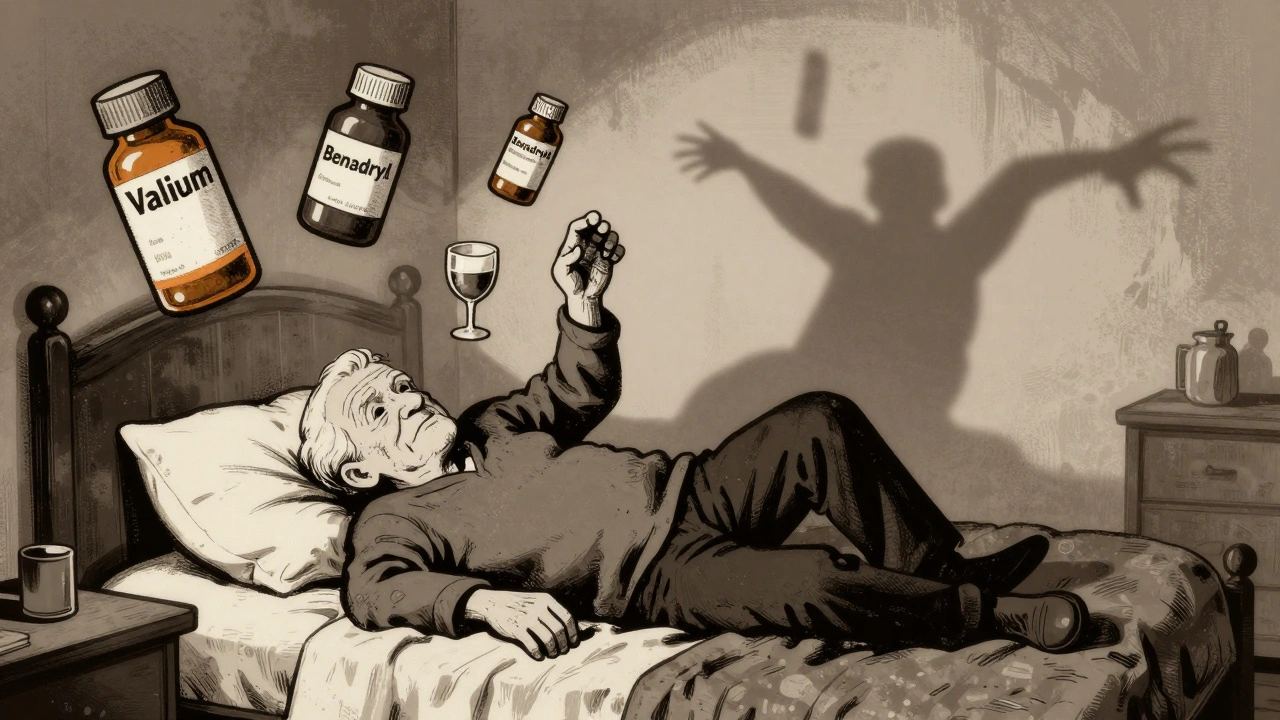 An elderly person stumbling among medication bottles and a wine glass, shadow cast as a fall.