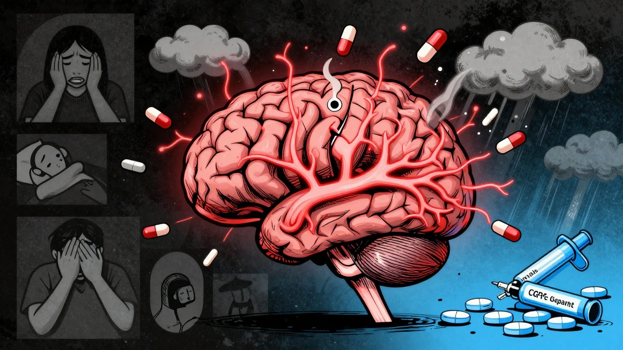 Brain with chaotic neural pathways and floating pills turning into storm clouds, representing neurological rewiring from overuse.