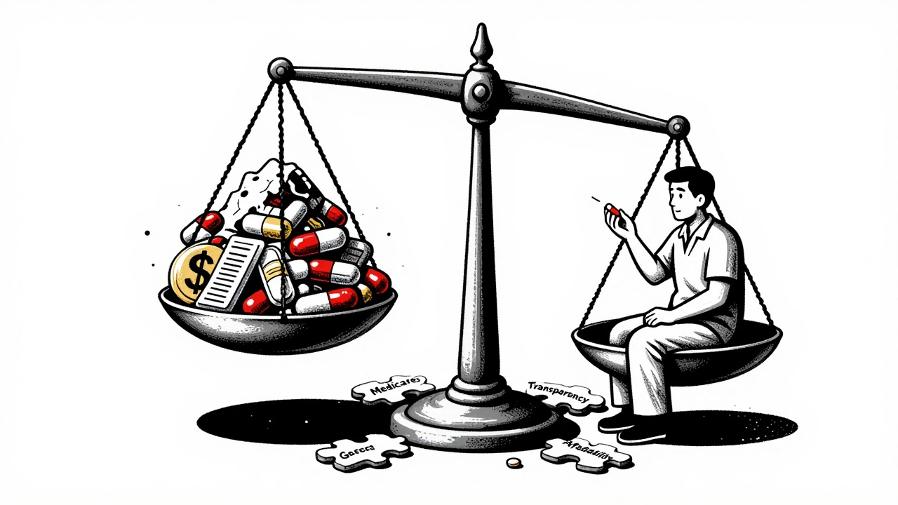 Broken scale with branded pills on one side and a lone patient on the other, surrounded by missing system pieces.