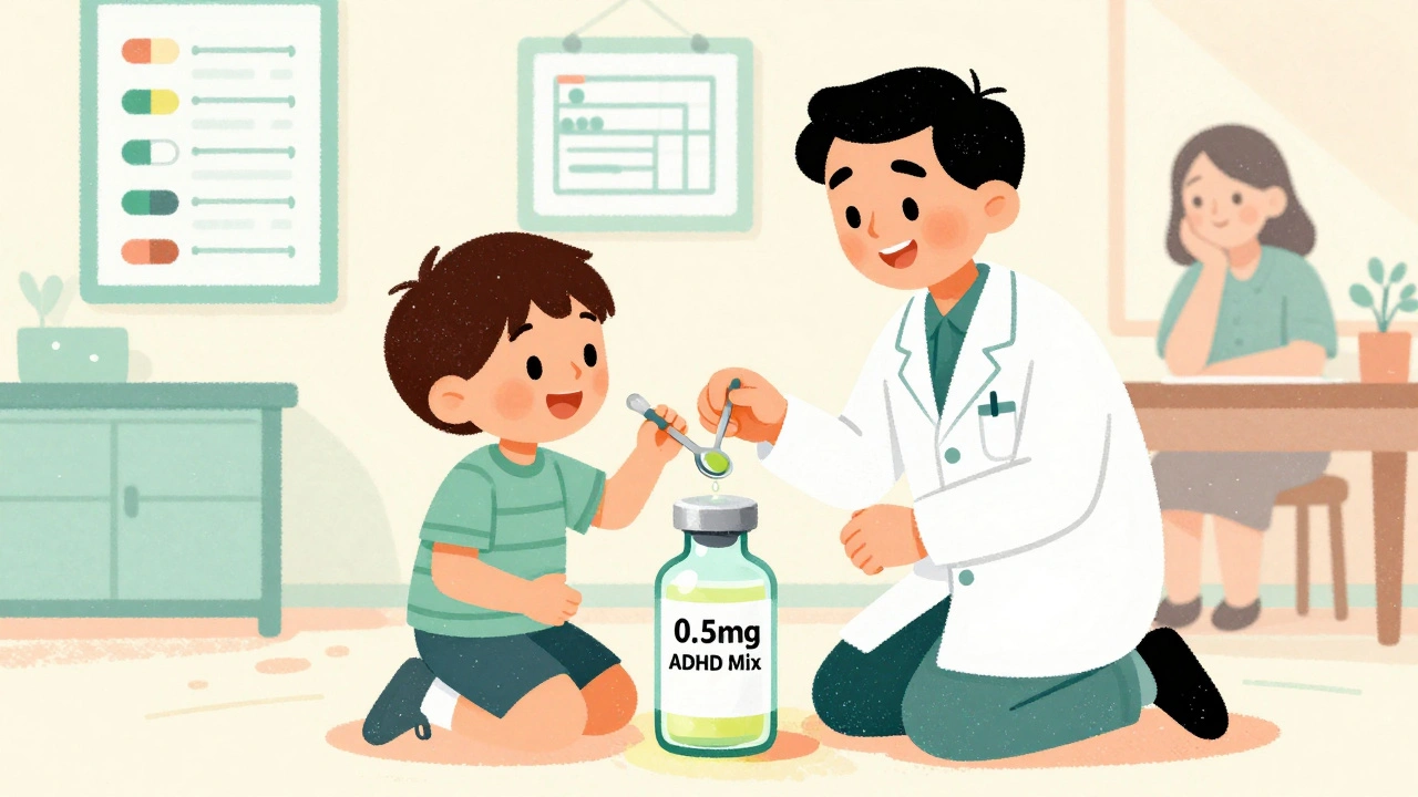Child taking flavored liquid medicine from a pharmacist, parent smiling in background.