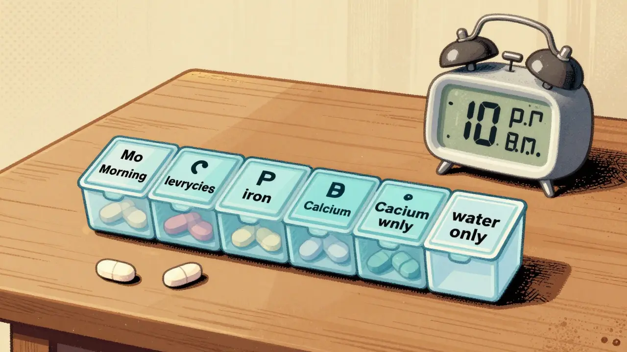 Color-coded pill organizer showing timed doses of thyroid medication, iron, and calcium.