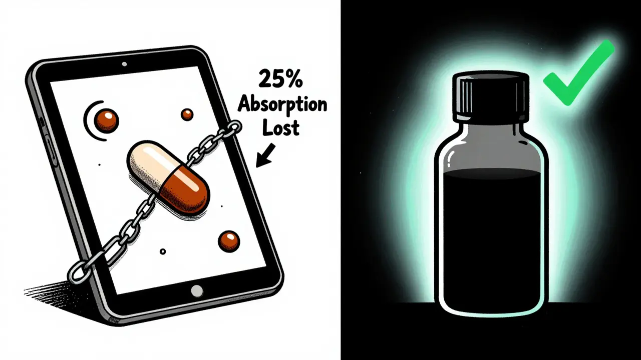 Contrasting images of thyroid pill binding with minerals versus flowing freely as liquid.