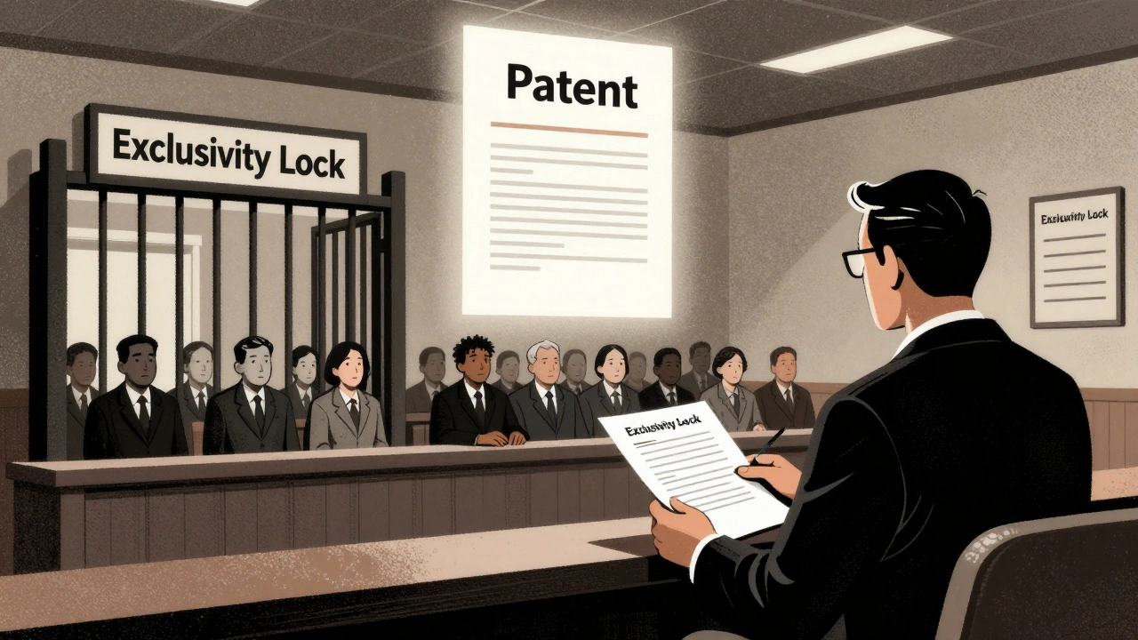 Courtroom scene with a generic company submitting a patent challenge as other generic makers wait behind a barred gate labeled &#039;Exclusivity Lock&#039;.