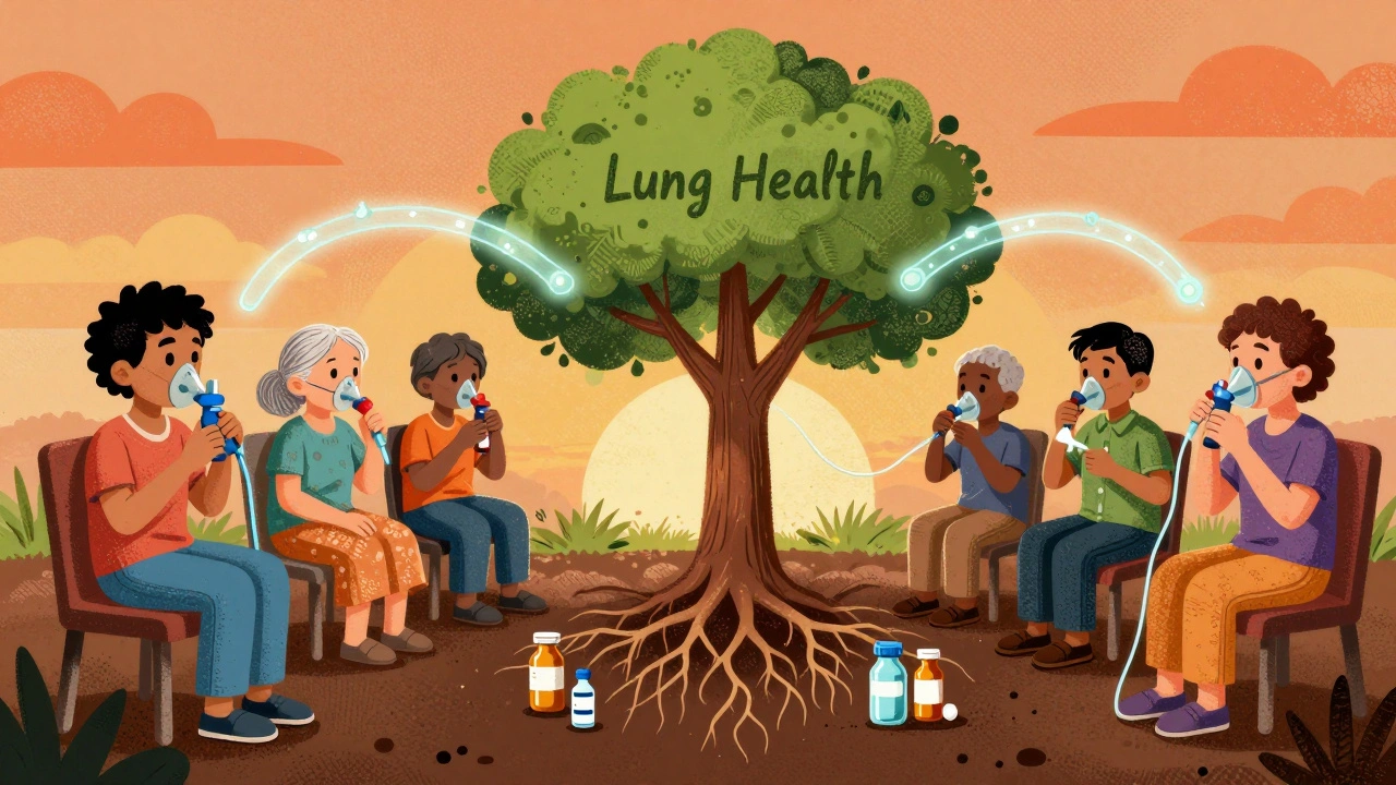 Diverse group of patients connected by mucus trails to a lung health tree, using therapy devices together.