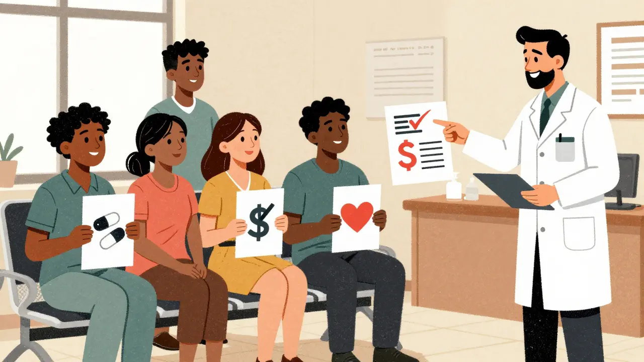 Diverse patients and a pharmacist sharing printed generic drug infographics in a clinic waiting room.