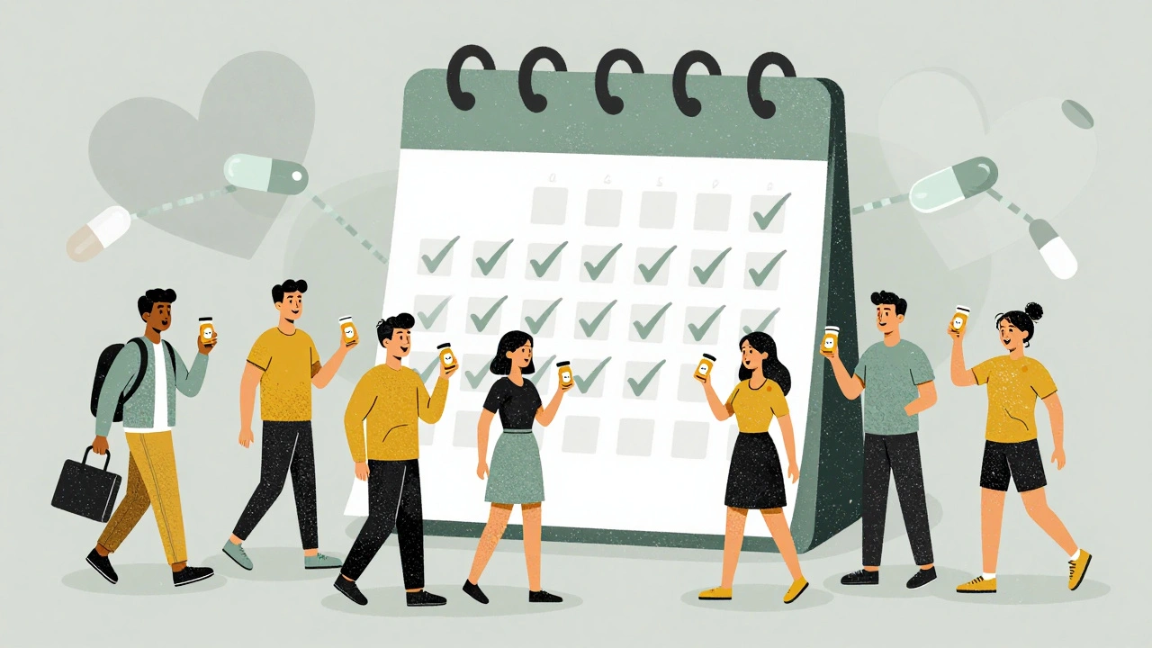 Diverse people taking statins daily in different routines, with a calendar full of checkmarks and heart-shaped pill patterns.