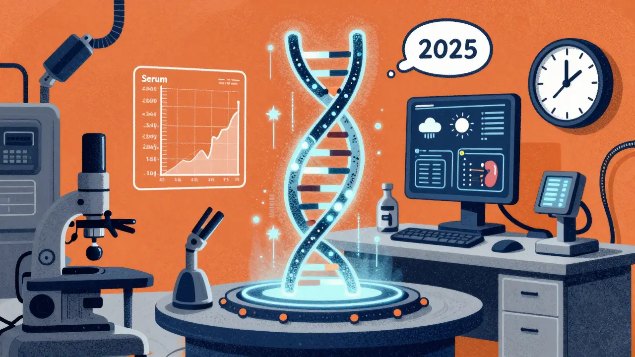 DNA helix with lithium ions and AI data projections, futuristic lab scene with 2025 timeline