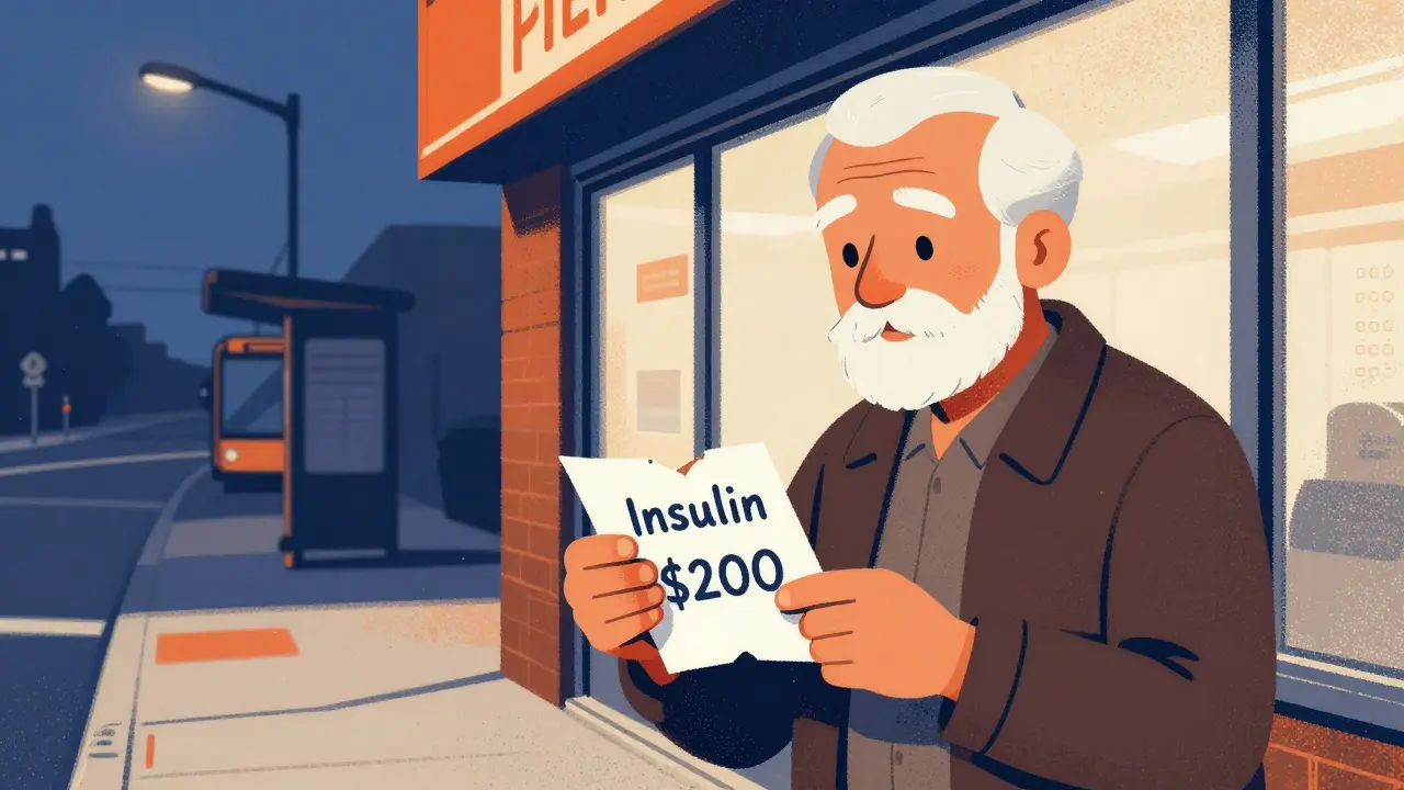 Elderly man outside closed pharmacy, holding insurance note under a streetlamp at dusk.