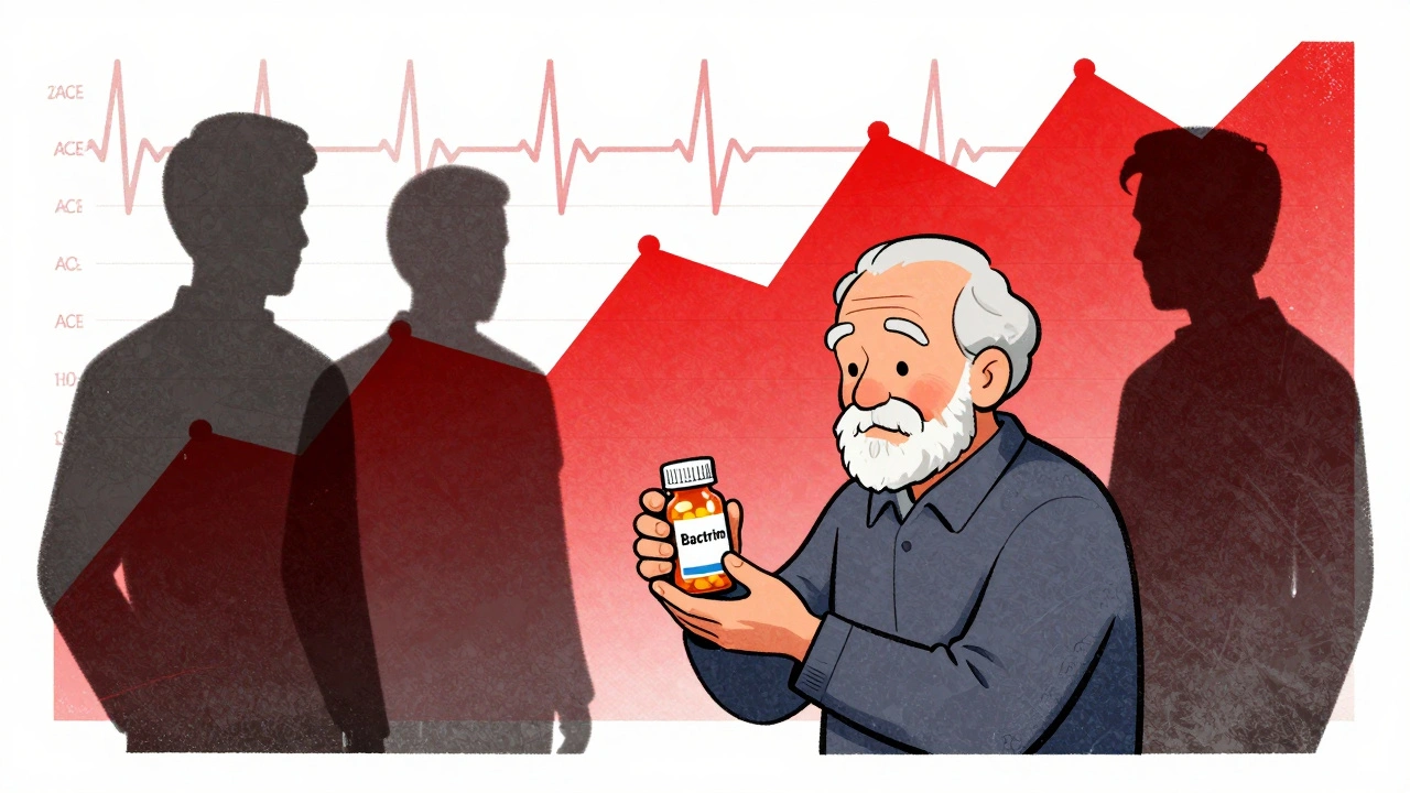 Elderly patient with Bactrim pill bottle surrounded by shadowy blood pressure meds, rising potassium graph in background.
