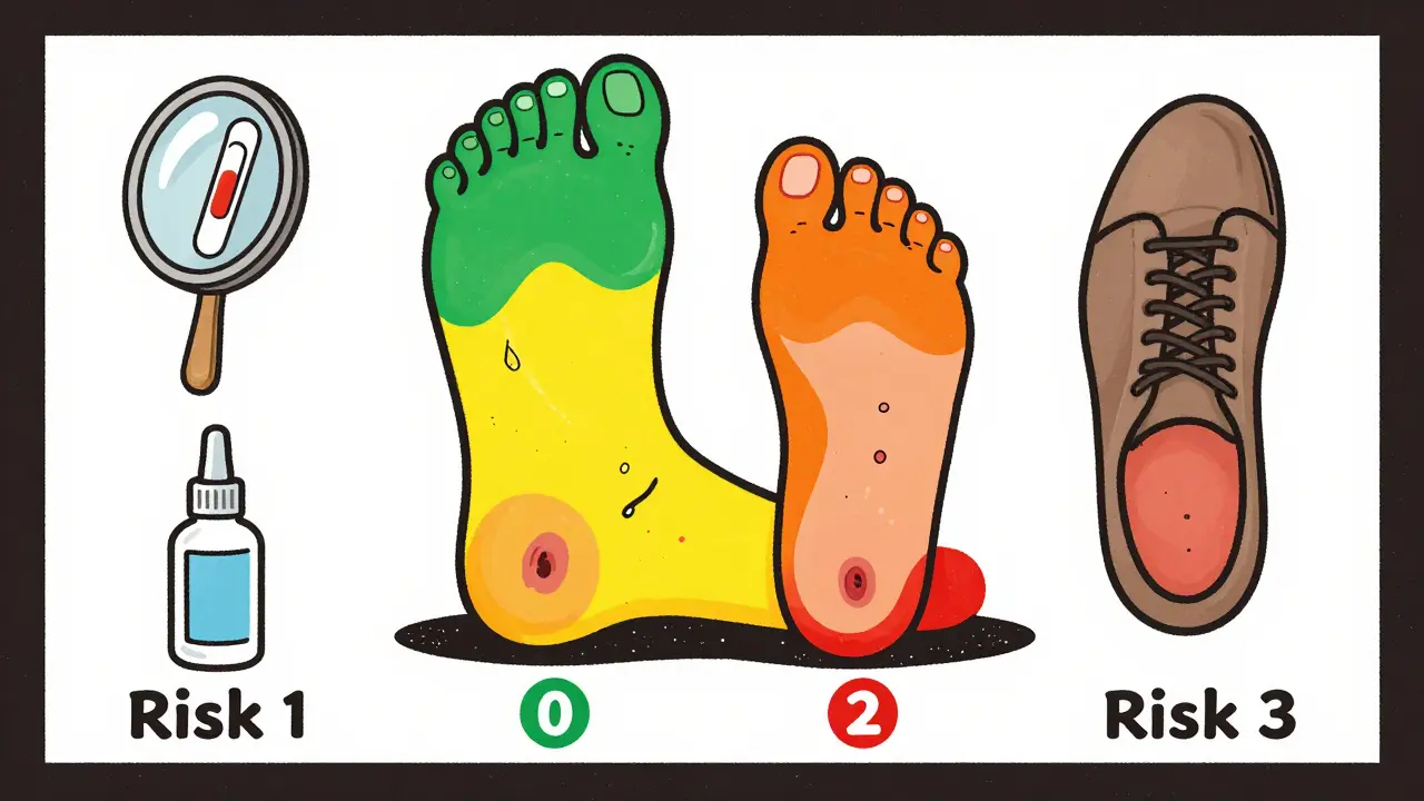 Foot diagram showing four risk levels with icons for ulcers, nails, and care tools.