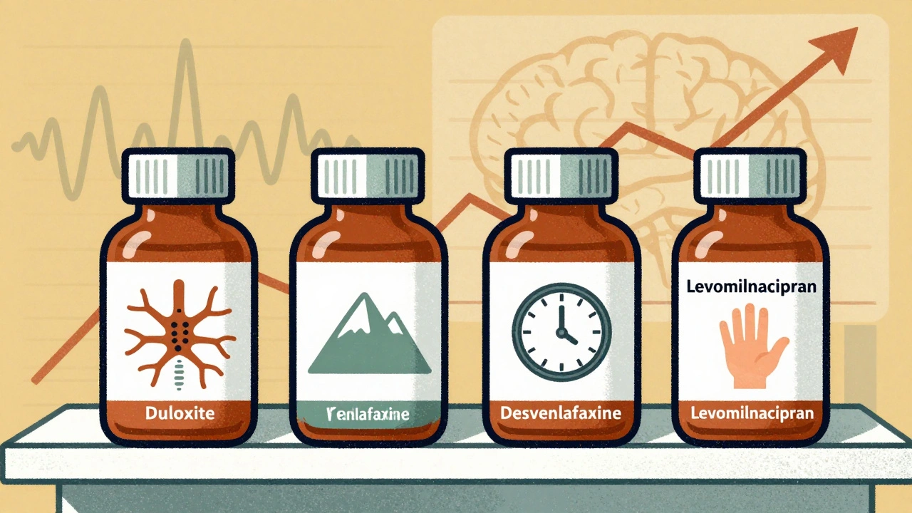 Four SNRI medication bottles on a shelf, each with unique icons representing pain relief, energy, slow dosing, and pediatric use.
