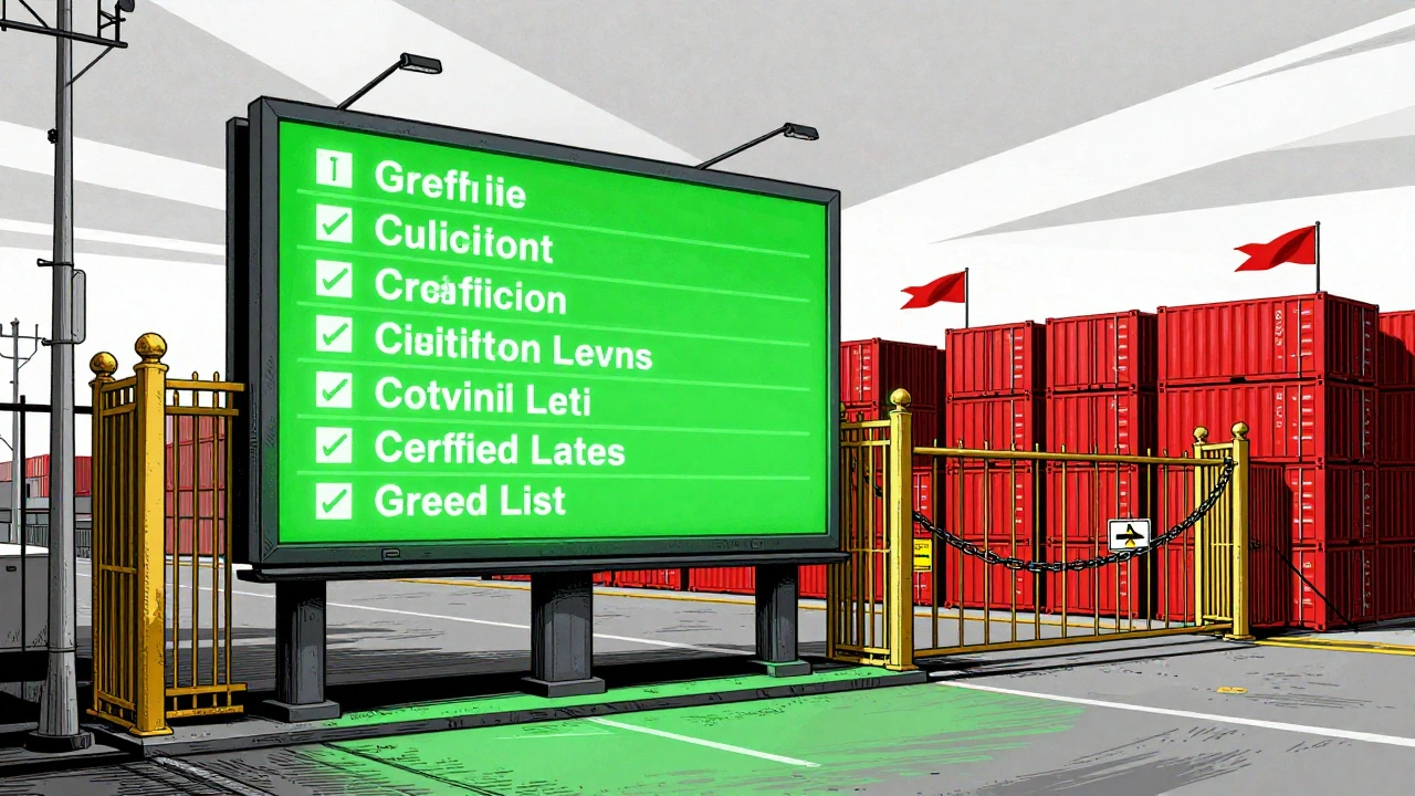 Green List glowing at a port as compliant shipments pass through golden gates.