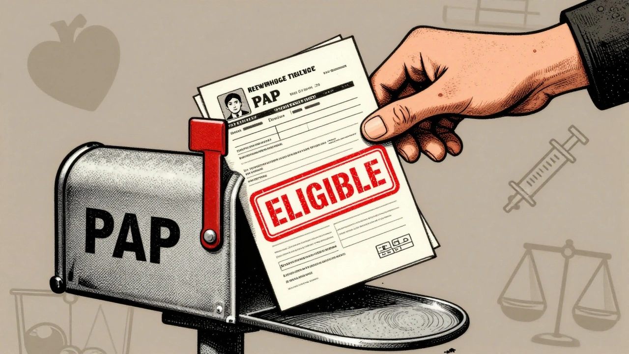 Hand submitting income documents into a mailbox labeled &#039;PAP&#039; with a glowing &#039;ELIGIBLE&#039; stamp.