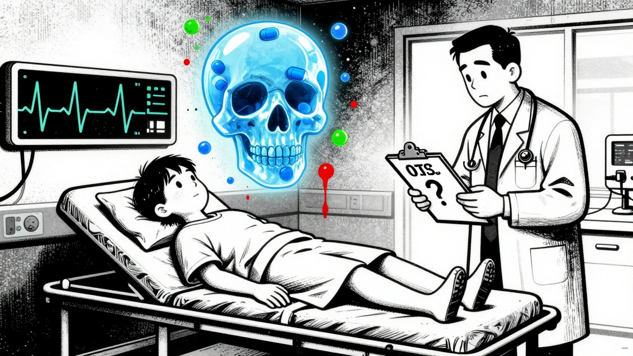 Hospital ER scene with a patient on a gurney, floating blue pills forming a skull above them, doctor holding a clipboard labeled 'OTC MEDS?'