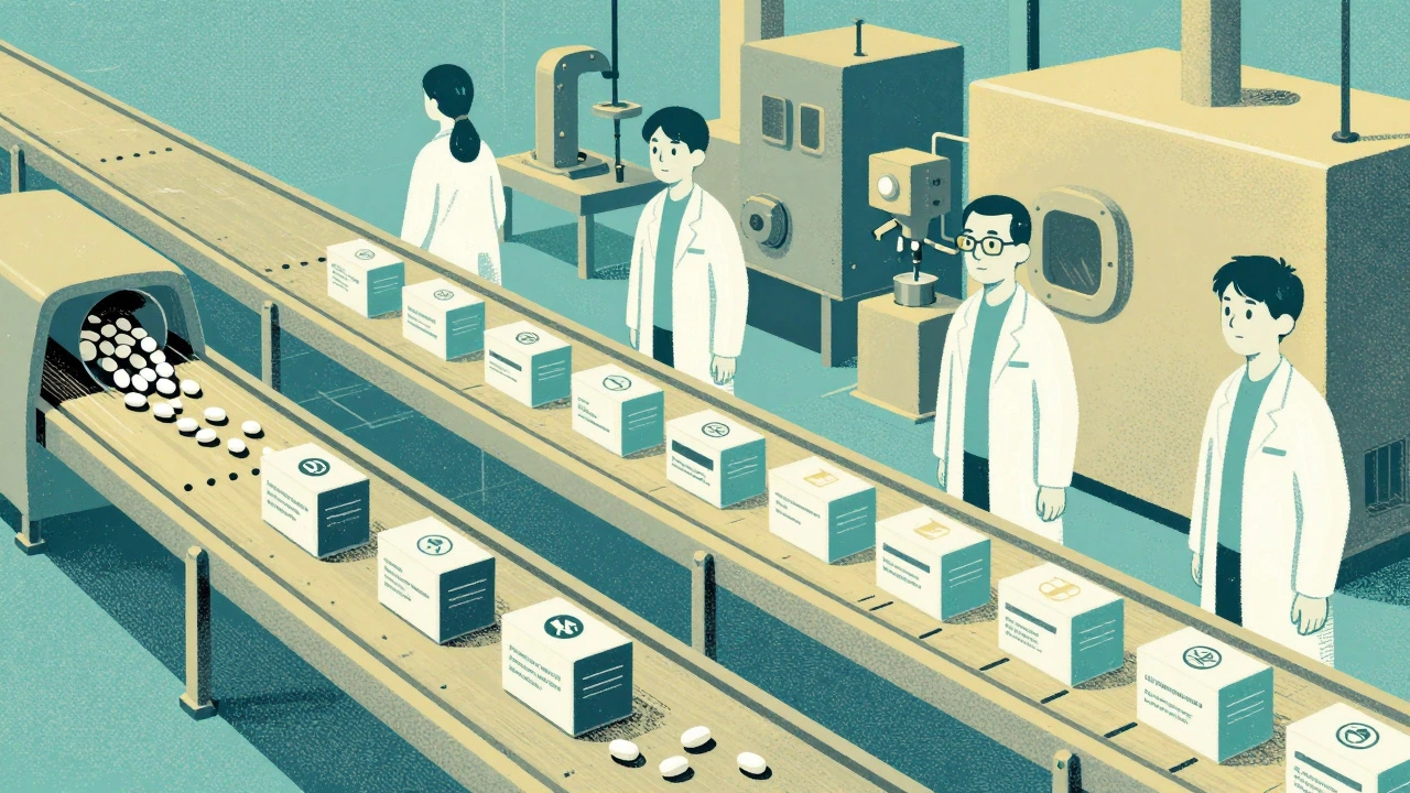 Identical pills moving on two conveyor belts in a factory, one labeled with brand name, the other with generic name.