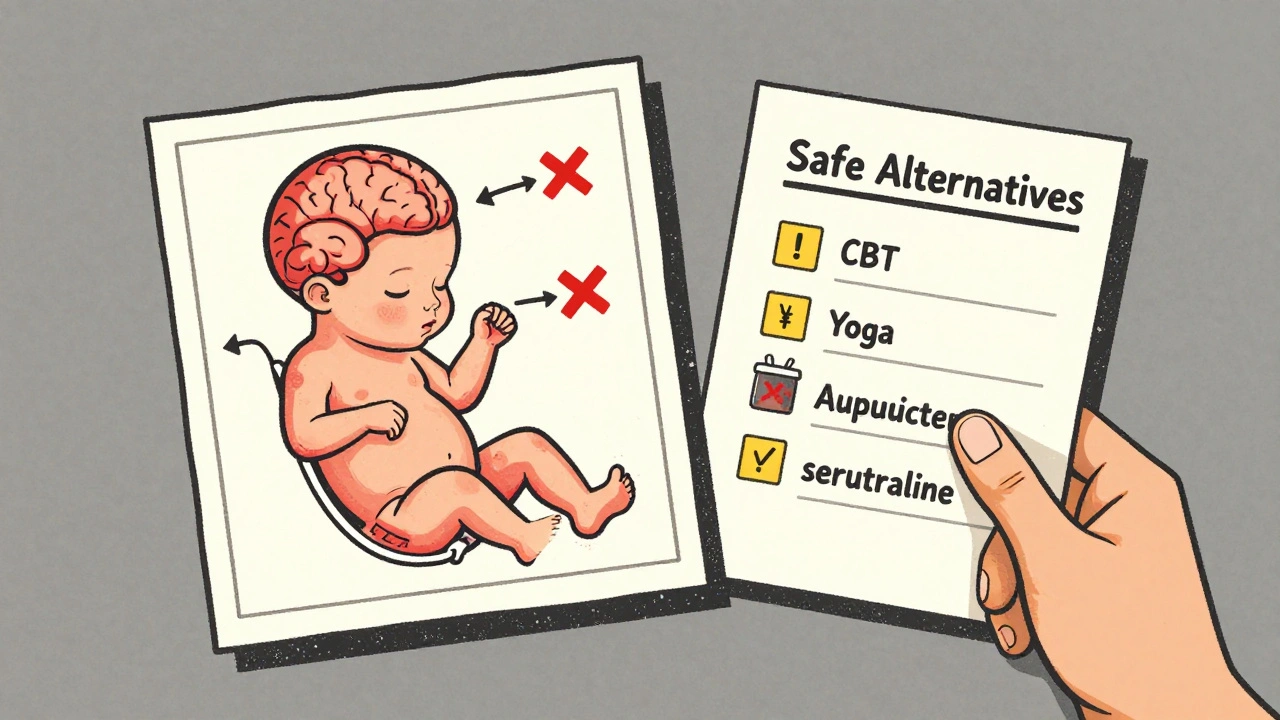Medical chart showing fetal organ risks with safer alternatives listed beside it.