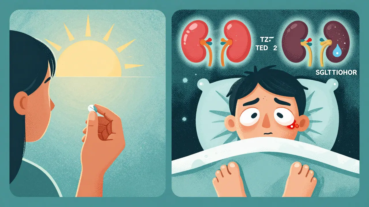 Morning vs nighttime scene showing TZD effects and SGLT2 counteraction in screenprint aesthetic