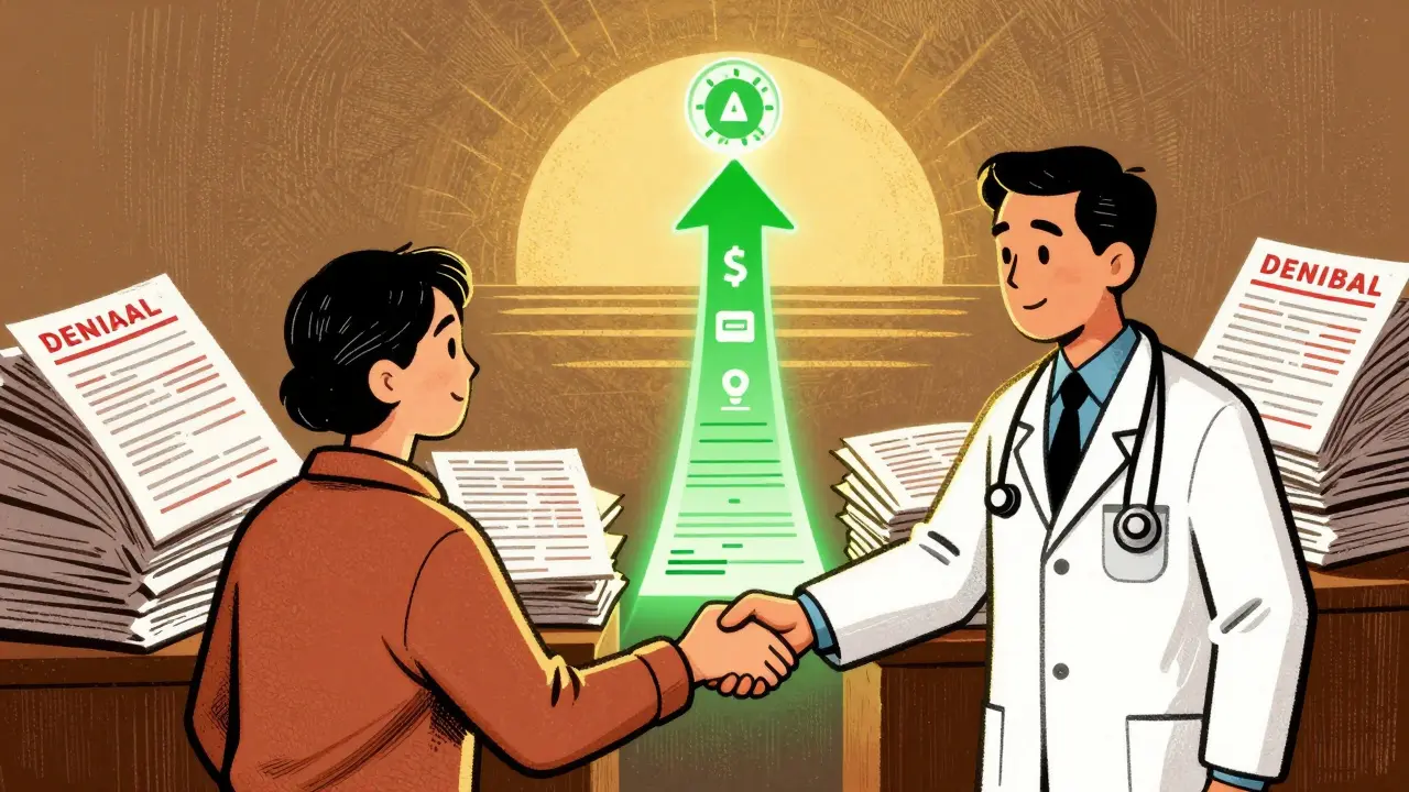 Patient and doctor united by appeal path rising over denial paperwork