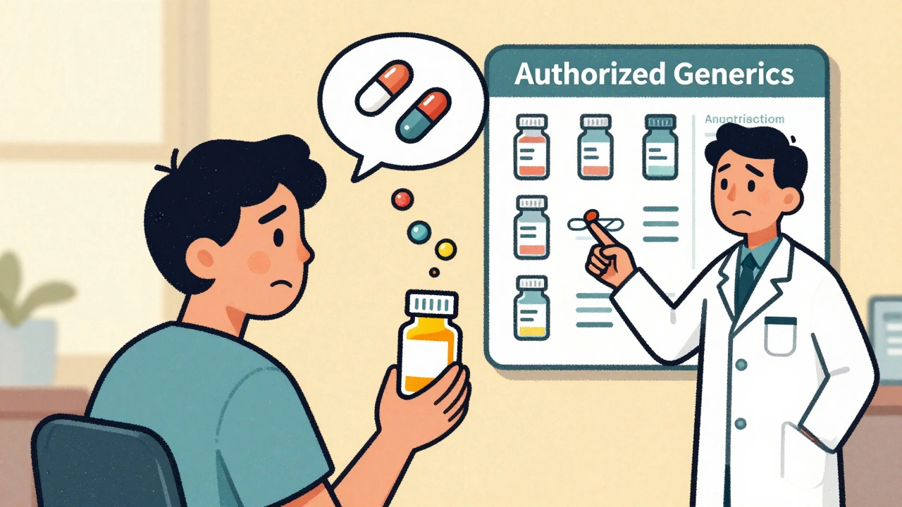 Patient and pharmacist looking at a chart comparing pill labels, with matching pill shapes shown visually.