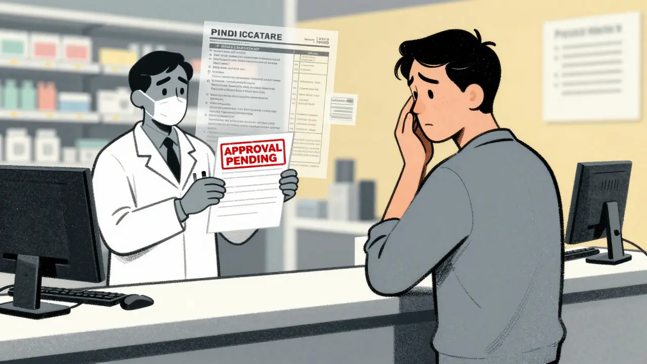 Patient at pharmacy counter with prescription marked 'APPROVAL PENDING'