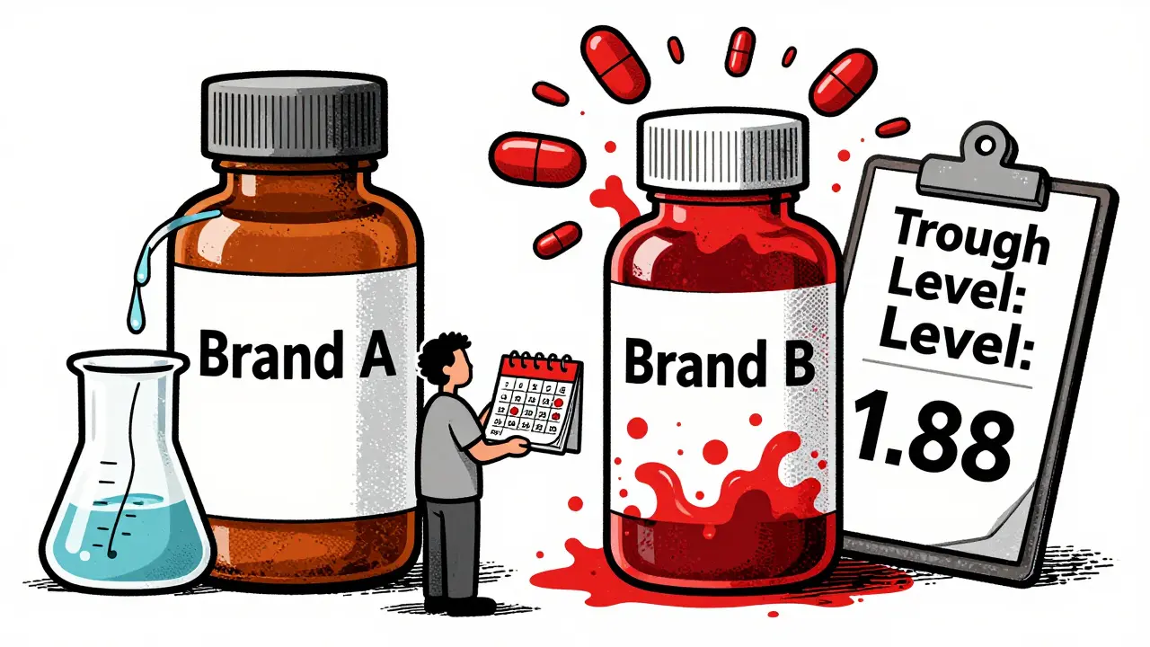 Patient beside two pill bottles, one stable and one spilling into toxic range, with blood test calendar